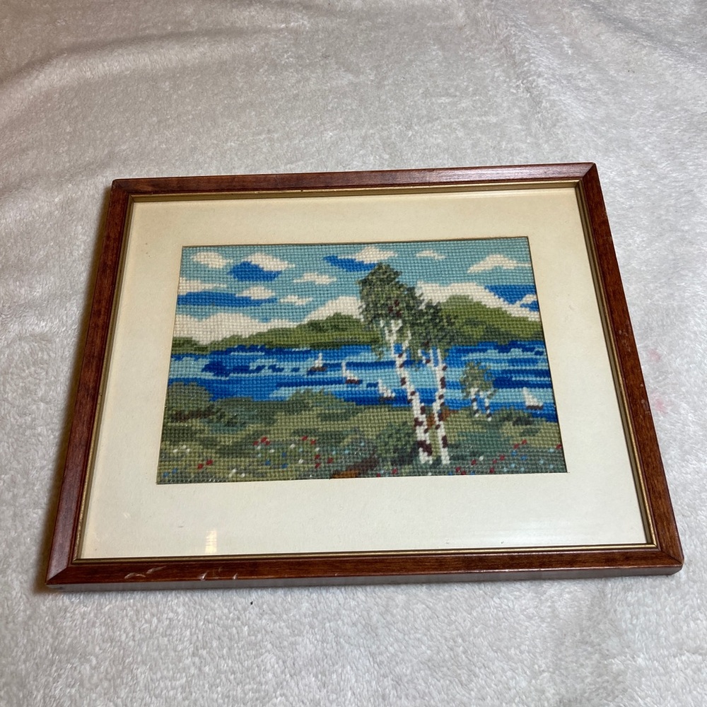Vintage Summer birch lake sailing
Cross stitch Handmade Finished framed